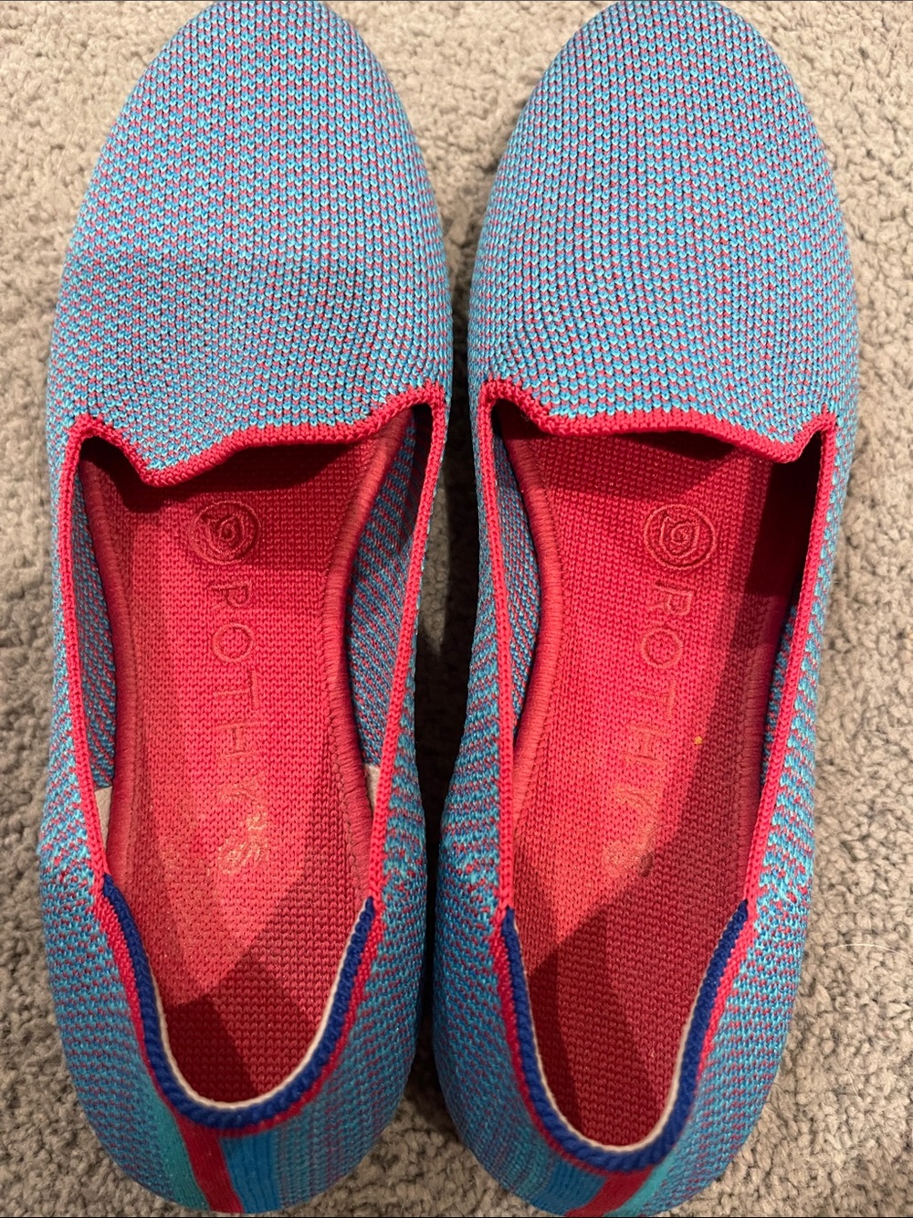Rothy's Teal Knit Slip-On Flats with Pink Interior